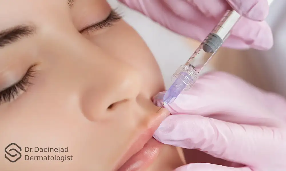 پزشک لب بالایی خانم زیباجو را گرفته و در حال تزریق فیلر می باشد | ماندگاری ژل لب