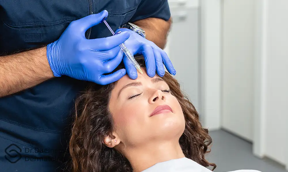 خانمی به موهای فر در حال دریافت بوتاکس پیشانی