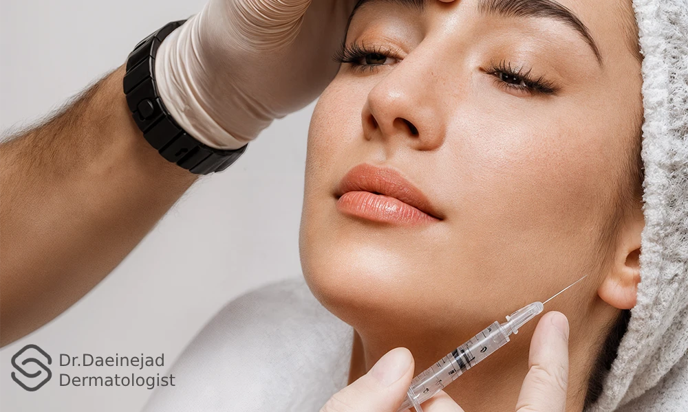 تزریق فیلر به روش فیس فریم متد در ناحیه فک و شقیقه توسط پزشک متخصص در کلینیک زیبایی مدرن؛ زن جوان با پوست صاف و طبیعی در حال دریافت تزریق با سرنگ استریل شفاف، بدون کبودی یا خون، در محیطی تمیز و نورپردازی نرم.