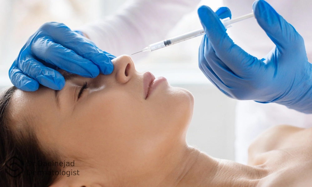 خانمی با چشمان بسته و پزشک زیبایی در حین تزریق فیلر بینی 